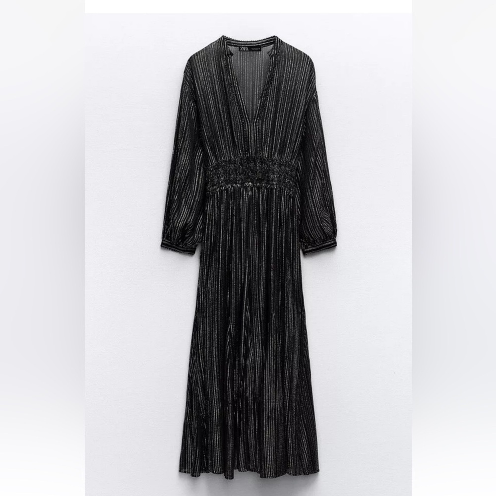 Zara Metallic Stripe Dress Black Silver Notch Collar Beaded Trim